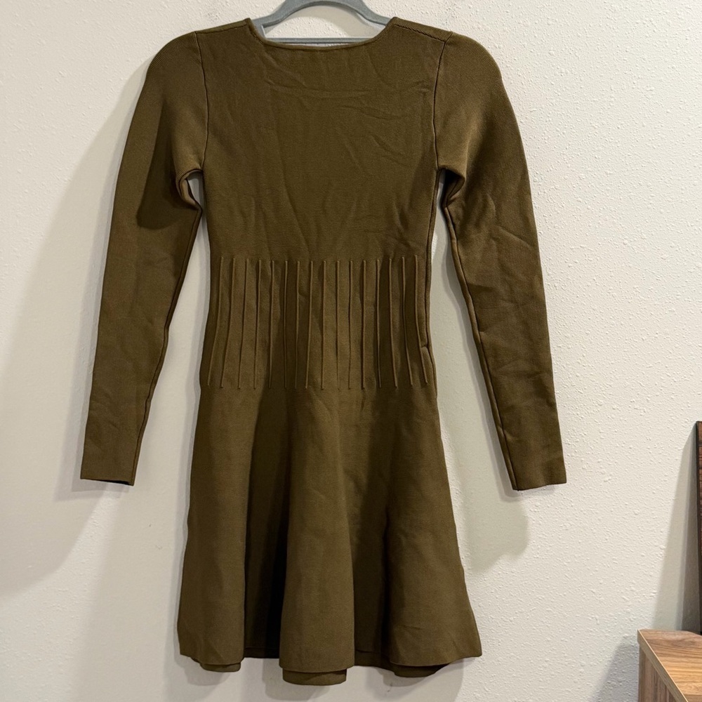 Staud NWT Size XS Sergeant Green Deora Knit Fit & Flare Long Sleeve Mini Dress - Picture 3 of 8